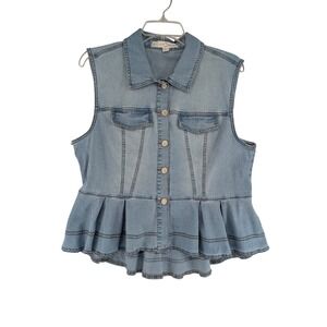 Denim Light Wash Blue Peplum Sleeveless Button Up Vest Large Cato